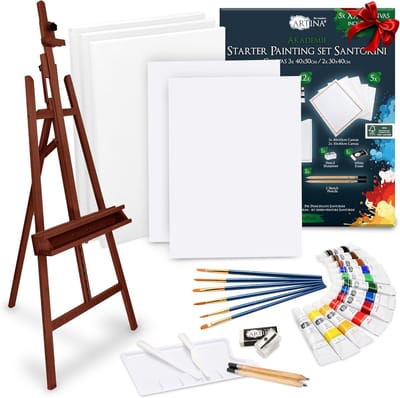 Artina 30-delig Acrylverf Set met Houten Schildersezel Barcelona voor Schildersdoeken tot 120cm â€“ Kunstenaars-Kit Santorini met Canvasdoeken, Penselen & Verf voor Beginners & Hobbyisten â€“ Walnoot Look