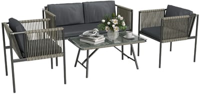Gutent Loungesets - 4 Delig - 1 Bank - 2 Stoelen - 1 Tafel Met Glasplaat - Incl Kussens - Staal Frame - Kunststof Ratten - Grijs