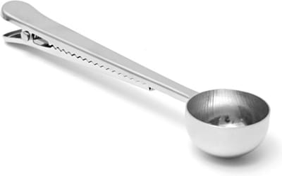Okado Koffieschepje met Klem Grijs – Metalen Maatschep voor Koffie – Schep en Luchtdichte Sluitclip in Één – Vaatwasserbestendig – 16 cm