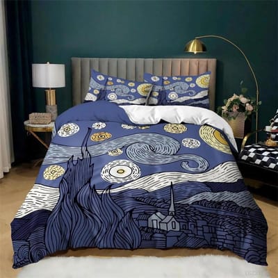 Sterrennacht Van Gogh Dekbedovertrek Set Queen Size, Olieverf Beroemd Modern Klassiek Lucht Ster Kunst, Decoratieve 3-delige Beddengoedset 135x200cm