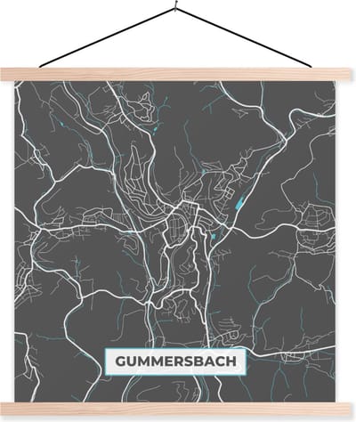 Posterhanger incl. Poster 40x40 cm - Schoolplaat - Duitsland – Blauw – Gummersbach – Stadskaart – Kaart – Plattegrond - Textielposter - Blanke latten - Stadskaart