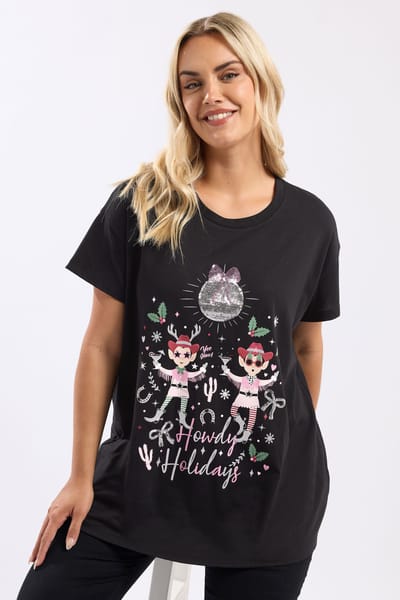 Yours Zwart 'Howdy Holidays' Tshirt Met Paillettenversiering Size 42