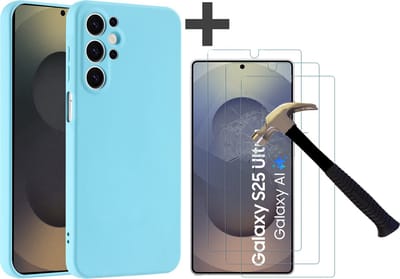 Hoesje geschikt voor Samsung Galaxy S25 Ultra hoesje zacht siliconen met 3 Stuks gehard glas Screenprotectors- Arara backcover - Blauw