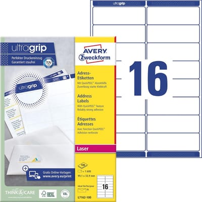 Zelfklevende Adresetiketten voor A4, 1600 Etiketten, Ultragrip Technologie, 99,1x33,9 mm