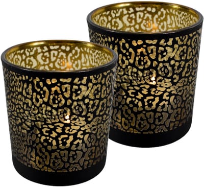 Mars & More Theelichthouder - Set van 2x stuks - mat zwart - 18 cm - jaguar print - glas - waxinelichthouder - Windlichtjes/kaarsenhouders