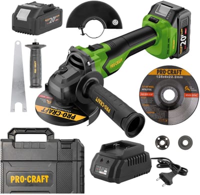 Procraft PGA22-1B-C accu haakse slijper 20 V 125 mm borstelloos + 1x accu 4,0 Ah + oplader + koffer