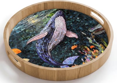 Dienblad rond 40x40 cm - Schootdienblad hout - Mozaïek - Walvis - Koraal - Water - Borrelplank rechthoek - Plateau houten dienbladen