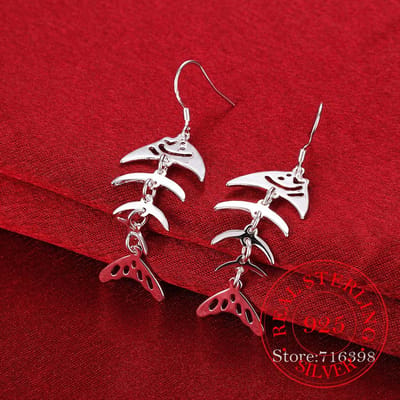 Trend 925 Sterling Zilveren Oorbellen voor Vrouwen Mode Vis Skelet Lange Hangende Oorbellen Sieraden Brincos Feminino brown