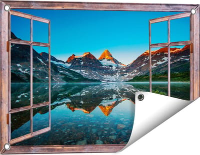 Gards Tuinposter Doorkijk Berg Assiniboine bij het Meer in Canada - 60x40 cm - Tuindoek - Tuindecoratie - Wanddecoratie buiten - Tuinschilderij