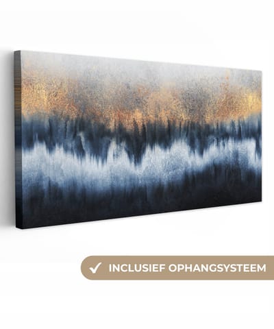 Canvas schilderij 80x40 cm - Wanddecoratie Abstract - Goud - Luxe - Blauw - Muurdecoratie woonkamer - Slaapkamer decoratie - Kamer accessoires - Schilderijen op canvas