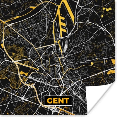 Poster Kaart - Gold - Plattegrond - Gent - Stadskaart - 100x100 cm XXL