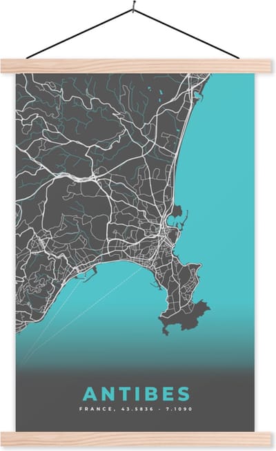 Posterhanger incl. Poster 40x60 cm - Schoolplaat - Antibes - Frankrijk - Plattegrond - Kaart - Stadskaart - Textielposter - Blanke latten - Stadskaart