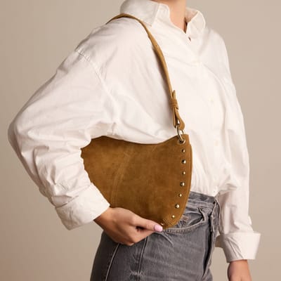 Manfield - Cognac suède schoudertasje met gouden studs