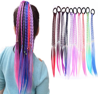 OIMG 10 stuks kleurrijke pruikvlechten - Kleurrijke Haar Elastiekjes - L40cm - met Regenboog Verloop - gevlochten haarextensies - voor op het podium, op feestjes en als Halloween-kostuumaccessoire - haarelastiekjes voor kinderen, gekleurde vlechten