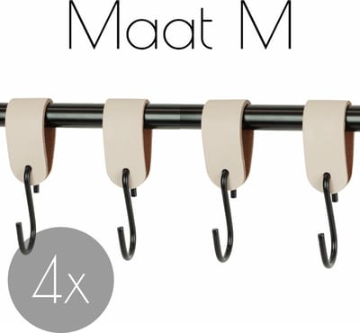 4x Leren S-haak hangers - Handles and more® | CREME - maat M (Leren S-haken - S haken - handdoekkaakje - kapstokhaak - ophanghaken)