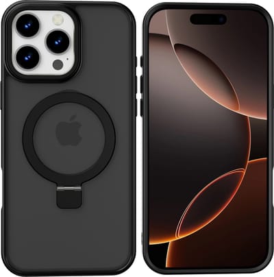 Hoesje Geschikt voor iPhone 16 Pro Max Magsafe hoesje - hard backcover - Magnetische Standaard - Ringhouder - Mat Transparant / Zwart