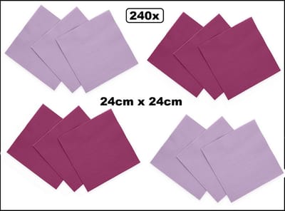 240x Servetten paars en lila 24cm x 24cm - 3 laags - Cocktail servet diner eten knoeien restaurant BBQ thema feest verjaardag feest WK
