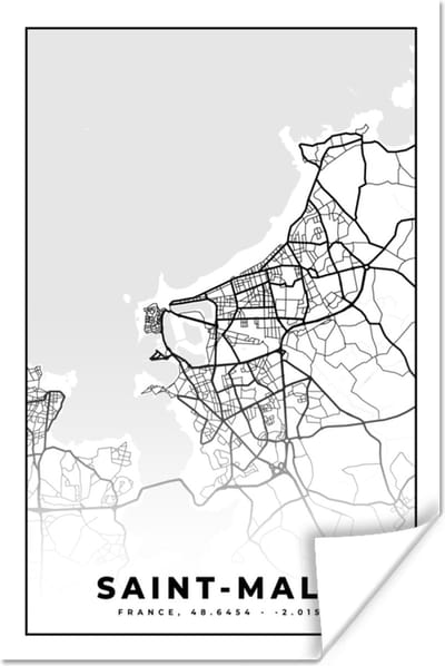 Poster Saint-Malo - Kaart – Plattegrond – Frankrijk – Stadskaart - Zwart wit - 120x180 cm XXL
