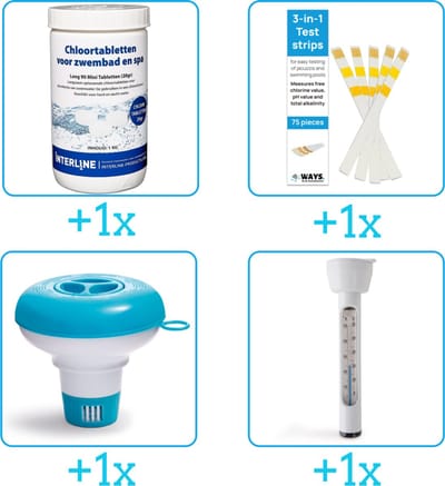 Zwembad Onderhoudspakket - Onderhoud Zwembad - bevat Chloor - Testrips - Chloordrijver en Thermometer (4-delig)