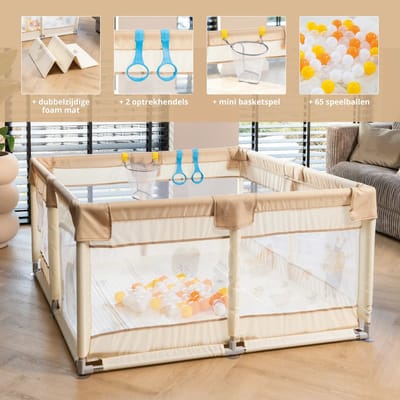 Grondbox Babybox 128x128 cm - Speelmat - Basket - 2 Optrekhandvatten