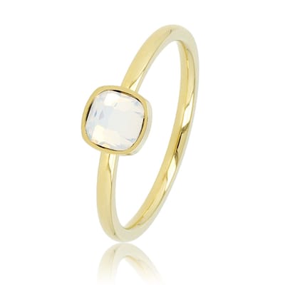 My Bendel - Ring Goudkleurig met Vierkante Quartz Glassteen - Goudkleurige Ring met Vierkante Glassteen • Melkopaal - met Luxe Cadeauverpakking | Sieraden Voor Dames | Maat 16.00 Mm / Maat 50