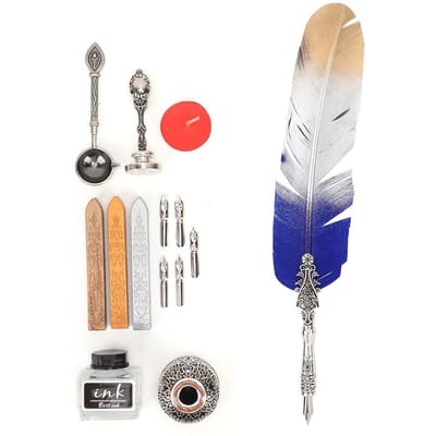Vintage Retro Veer Dip Pen Legering Penpunten Kalligrafie Schrijfpen Cadeau met Doos(Gradiënt Blauw) white