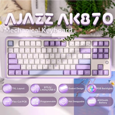 AJAZZ AK870 mechanisch toetsenbord, draadloos 3 modi, hot-swappable TFT-scherm, 87 toetsen (met keycap-trekker), BT5.0/2,4 GHz/USB-C