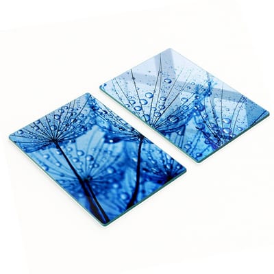 Gehard glazen platen met paardenbloemprint op een blauwe achtergrond, 2x40x52 cm