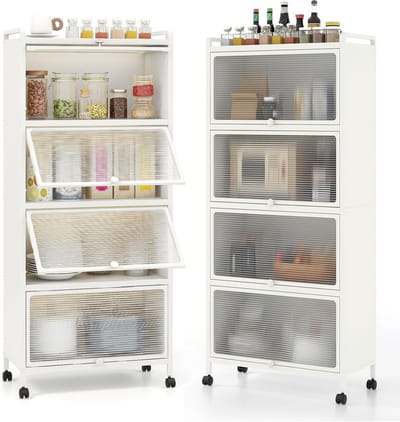 Multifunctionele Keukenkast met Wielen - 5 Niveaus, Opklapbare Deuren, en Anti-Kantelbeveiliging