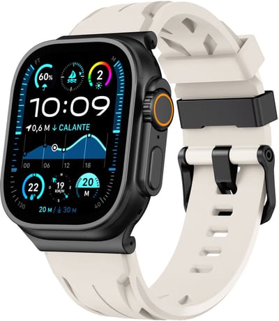 Stravo Siliconen Sportbandje – Sportief Racing Design – Geschikt voor Apple Watch 49mm (Ultra 1/2/3), 46mm (Series 10/11), 45mm (Series 7/8/9), 44mm (Series 4/5/6, SE 1/2/3) – Zacht & Comfortabel – Starlight