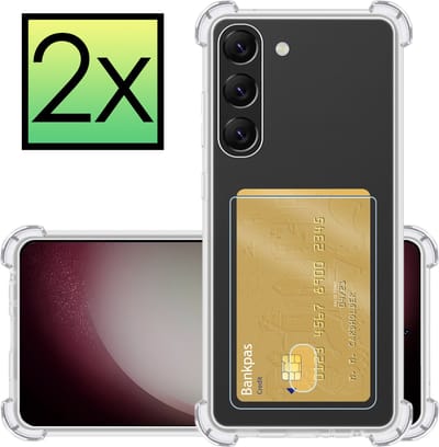 Hoesje - 2 Stuks - Geschikt voor Samsung Galaxy S23 - Met Pashouder en Kaarthouder - Telefoon Hoes Shockproof - Siliconen Case - Back Cover - Shock Proof - Pasjes Houder - Transparant