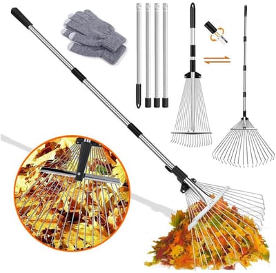 Dailygoods- Bladhark Verbreed 22-44 cm - Tuinhark met 2,15 m Verstelbare Stang - Bladbezem - Metalen Waaierbezem - Handschoenen - Voor het Reinigen van Tuin en Gazon