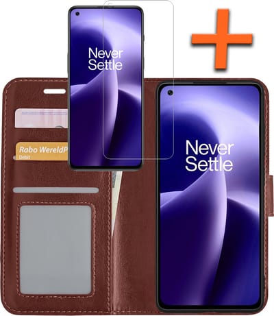 Hoes - Met Screenprotector - Geschikt voor OnePlus Nord 2T - Luxe Pasjeshouder - Bookcase Portemonee - Flip Case - Kunstleer Book Case - Flipcase - Book Cover - Walletcase - PortemonneeHoes - Bruin