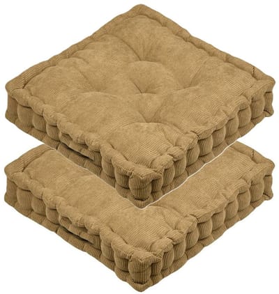 Stof Textile Vloerkussen Ribcord - 2x - camel - polyester - 45 x 45 x 10 cm - vierkant - Extra dik - extra zitplaatsen - spelen - gamen - relaxen