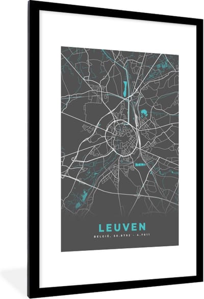 Fotolijst incl. Poster - Plattegrond – Leuven – Blauw – Stadskaart - Kaart - België - 80x120 cm - Posterlijst