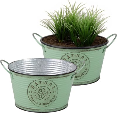 Sunnydays Teil/plantenpot/bloempot - 2x - zink - rond - jadegroen - D22 x H12 cm