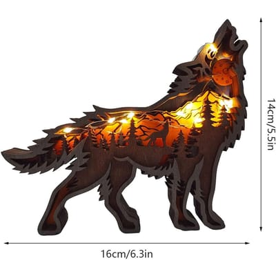 Houten Ornamenten Gesneden Houten Wolf Decoraties met LED Licht Hol Meerlaags Bosdieren Scène Display Snijwerk Figuurtjes