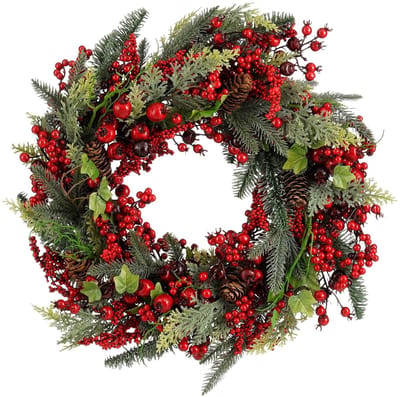 Mica Decorations Norah Kerstkrans met Dennenappels - Kerstversiering met Traditionele Look - Deurkrans voor in de Hal of bij de Voordeur - H13 x Ø50 cm - Rood en Groen