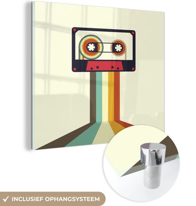 MuchoWow® Glasschilderij 50x50 cm - Schilderij acrylglas - Cassette - Vintage - Kleuren - Illustratie - Foto op glas - Schilderijen