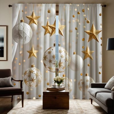 Ensemble de 2 pièces Ambiance HD Noël Étoile goutte boule rideau décoratif Blanc attache rideau imprimé numérique Style Déco Décoration de la maison W52H63inchW132H160cm gray