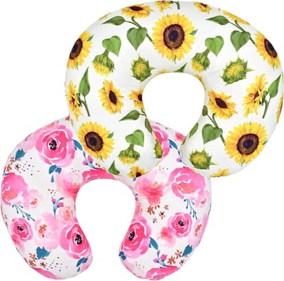 Set van 2 U-vormige Borstvoeding Kussens voor Pasgeborenen met Vervangbare Hoezen - Stretchable Kussenhoezen met Bos- en Bloemenprint 57 x 45 cm
