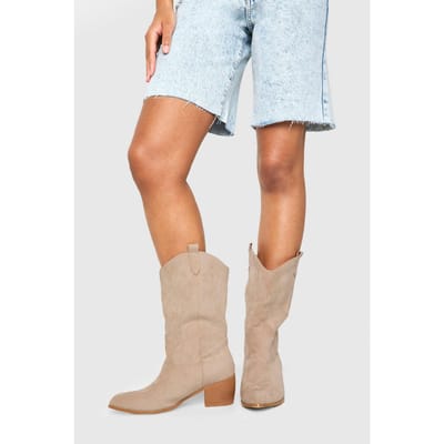 boohoo Dames Brede pasvorm faux suede boot met tab-detail, enkel, cowboy western laarzen | Tan | Maat: 3