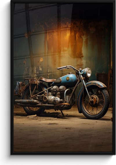 Poster in lijst - Fotolijst 80x120 cm - Posters - Vintage - Motor - Blauw - Oud - Garage - Posterlijst zwart - Decoratie - Wanddecoratie woonkamer - Muurdecoratie slaapkamer