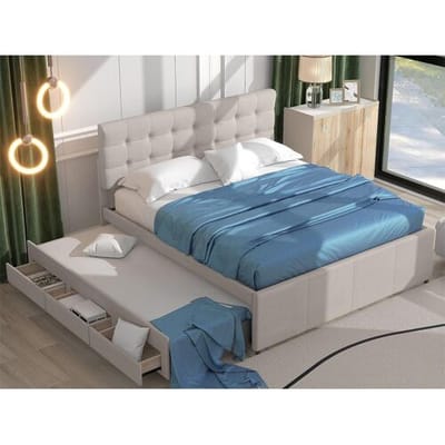 Merax Onderschuifbed met 3 laden - 140 x 200 cm + 90 x 190 cm - linnen stof - verstelbaar hoofdeinde - beige kleur