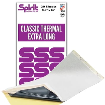 "Spirit Classic Thermal Tattoo Stencil Transfer Paper– Extra Long 8.5"" x 16"" Sheets (20 Units) | Compatible with All Thermal Printers | Skin Safe, Certified Vegan, USA Made "