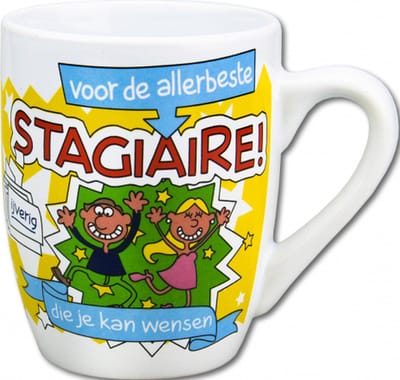 Mok - Snoep - Voor de allerbeste stagiaire - Cartoon - In cadeauverpakking met gekleurd krullint
