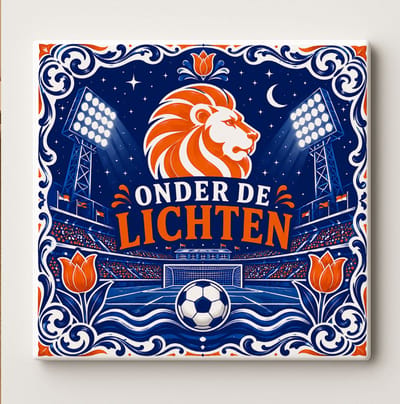 Onder de Lichten Voetbal Decoratieve Tegel – Nederlandse Leeuw Stadion Keramische Wandtegel – Oranje Blauwe Holland Supporter Tegel – Nederland Voetbal Woondecoratie