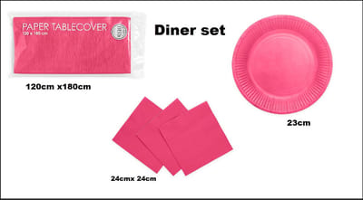 Diner set pink big - 1x Tafelkleed pink 120cmx 180cm + 16x Bord 23cm pink + 20x servetten pink 24cm x 24cm - Themafeest pink party