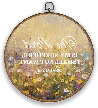 Ronde Muurkunst Decoratie met 'De Heer Is Mijn Herder' in Hout en Kunststof voor Tuin, Balkon en Kantoor - Kleurrijk Wandbehang van 26 cm