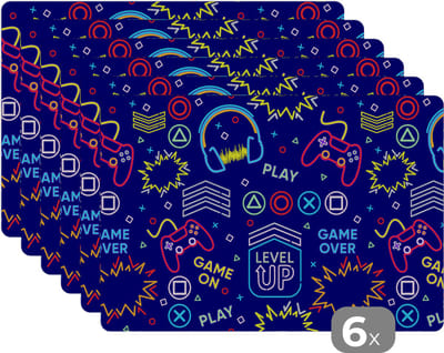 Placemat - Placemats kunststof - Gaming - Neon - Koptelefoon - Design - 45x30 cm - 6 stuks - Hittebestendig - Anti-Slip - Onderlegger - Afneembaar